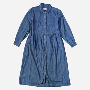 90s Denim Collarded Maxi Dress Button Front Prairie Minimal L.L. Bean XL